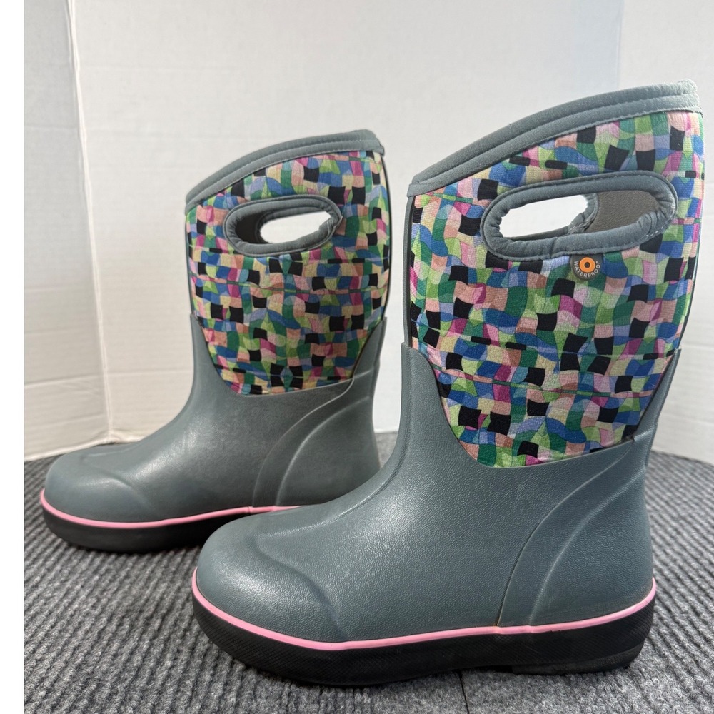 Bogs Classic II Check Youth Waterproof Winter Boots Gray Pink Multi Size 2